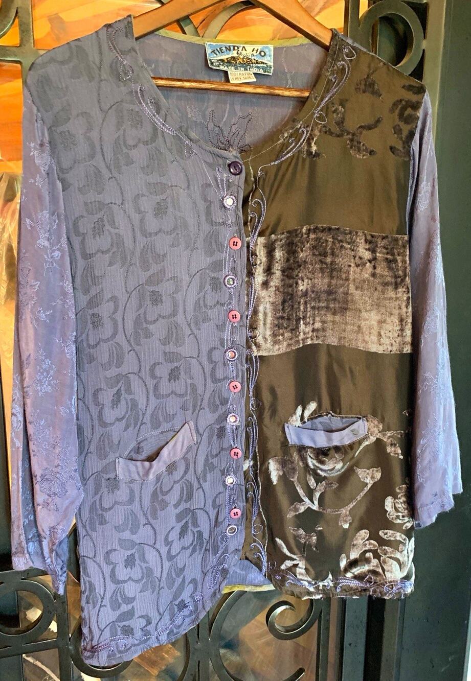 VTG Tienda Ho Blouse One Size Patchwork Velvet Silk Rayon Burnout Art To Wear